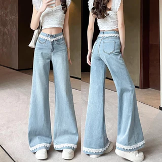 S~5XL Flared wide-leg jeans กางเกงยีนส์ขายาวทรงบานแต่งขอบลูกไม้สุดอินเทรนด์ สไตล์ใหม่ปี 2026 เอวสูง ทรงหลวม ขากางเกงตรง