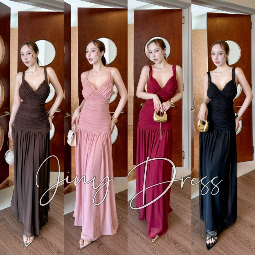 Wendystore182(Jiny Dress)เดรสยาวดีไซน์อกไขว้ โชว์หลัง