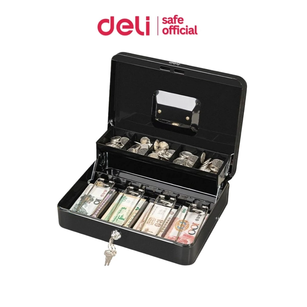 Deli กล่องเหล็กเก็บเงิน เซฟหิ้ว เซฟพกพา มีช่องแยกเก็บเหรียญและแบงค์ ระบบความปลอดภัยดี Cash Box