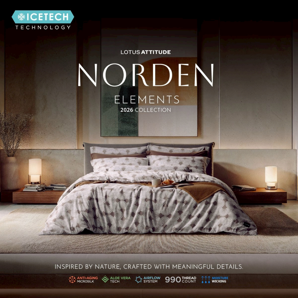 LOTUS ATTITUDE ชุดผ้าปู+ ผ้านวม 990 เส้น รุ่น NORDEN ELEMENTS 2026 ICETECH เย็นนุ่ม ถนอมผิว ลดรอยกดทับหน้า ส่งฟรี