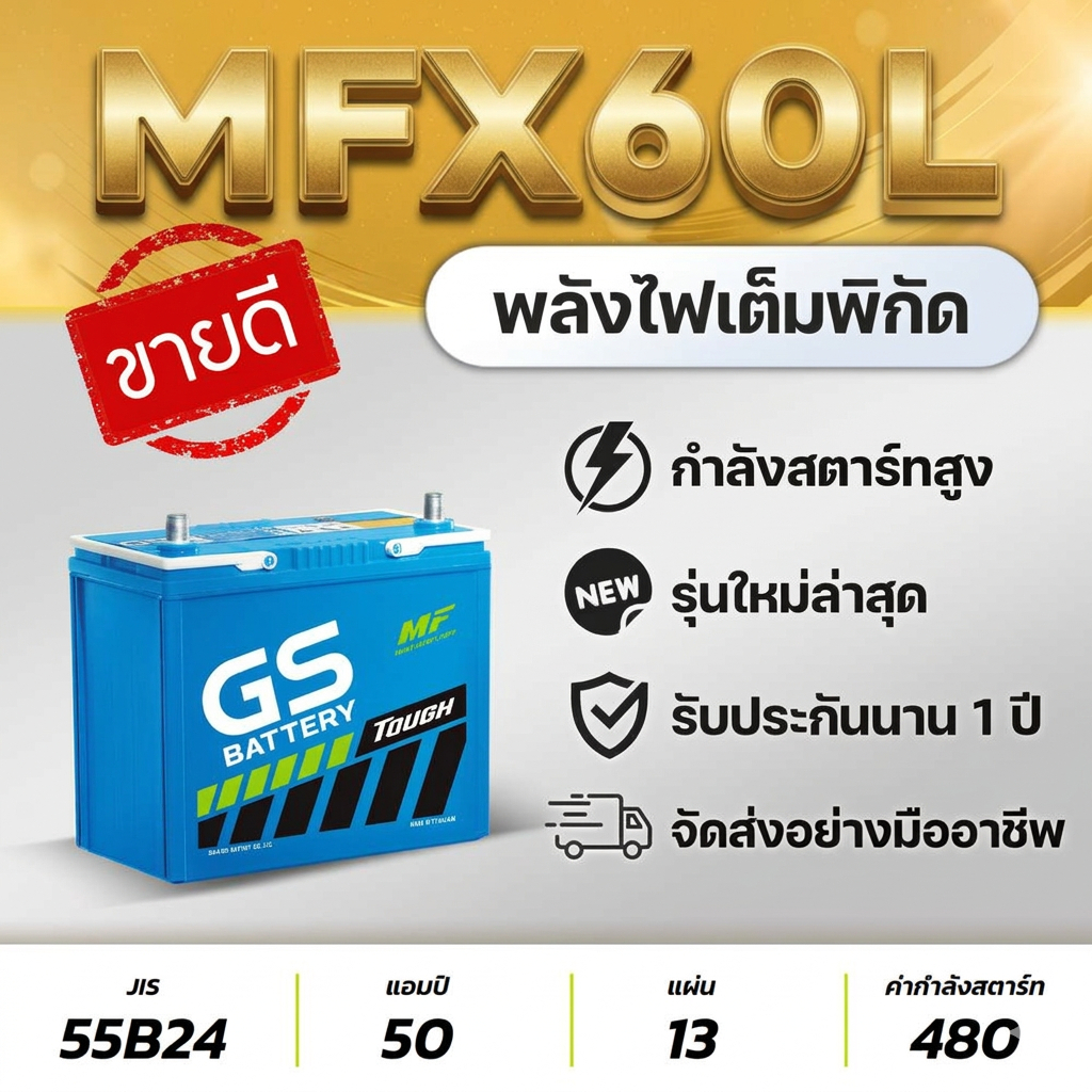 💯 GS MFX60L 12V.50Ah แบตเตอรีรถยนต์ สำหรับรถเก๋ง ซีวิค วีออส อัลติส ยาริส มาสด้า2 เบนซิน สวิฟท์.