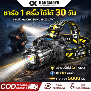 【สว่างกว่าไฟรถ】 ไฟฉายคาดหัว ไฟคาดหัวแรงสูง แบตลิเธียมคู่ในตัว30000mAhแสง6โหมดซูมยืดหด ไฟฉายคาดหัวแท้