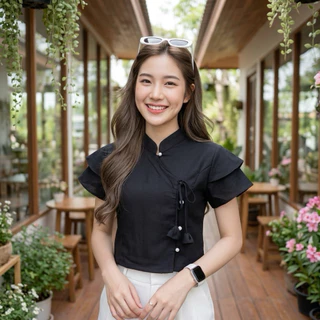 เสื้อพื้นเมืองผู้หญิงคอจีน ผูกโบว์ แขนสองชั้น