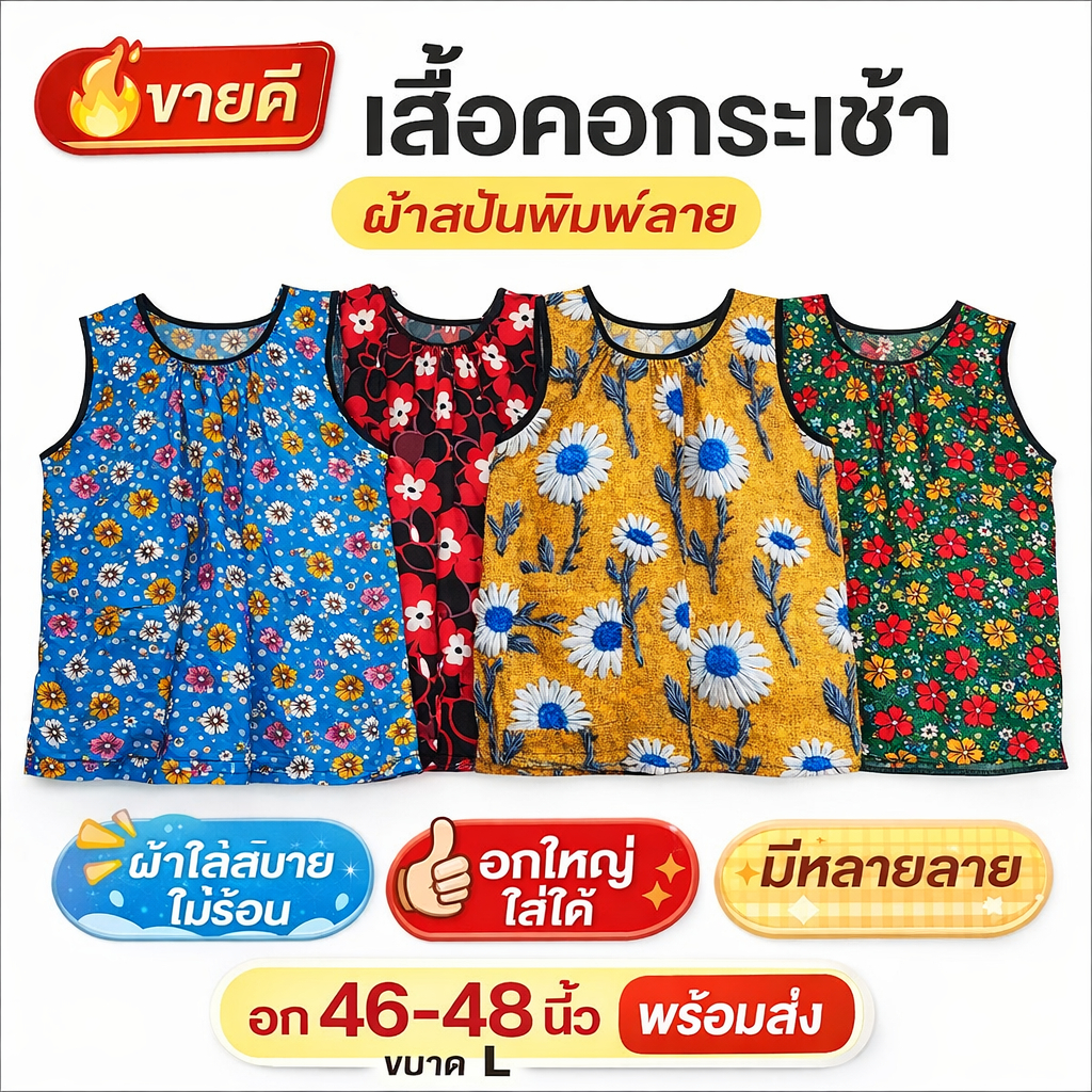 เสื้อคอกระเช้าผ้าสปันลายดอกไม้ อกได้ถึง 48-50 นิ้ว #เสื้อคอกระเช้า#ของขวัญวันแม่#เสื้อผู้ใหญ่