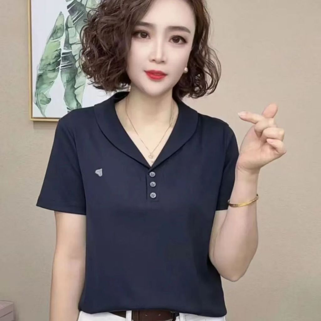 เสื้อยืดคอกลมแขนสั้นขนาดใหญ่พิเศษสำหรับฤดูร้อน เสื้อเบลาส์คอปกแบบลำลองสำหรับคุณแม่