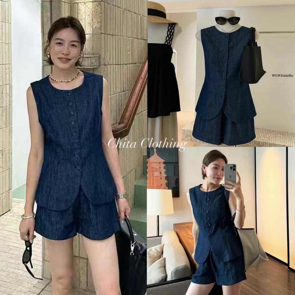 📍พร้อมส่ง📍3542💌set 2 pcs. เสื้อแขนกุด กระดุมหน้า งานผ้ายีนส์ มาพร้อมกางเกงขาสั้น  TAG WG.WE 🇰🇷🇰🇷