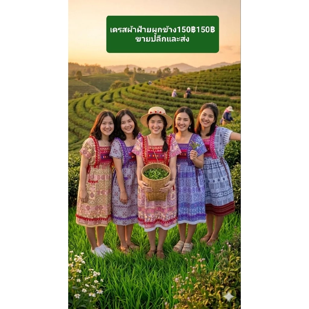 เดรสผ้าฝ้ายผูกข้าง เดรสทรงเกาหลีผ้าพื้นเมืองราคาถูก150฿