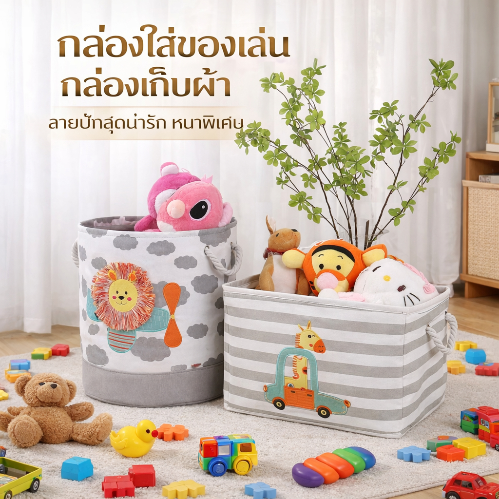 แบบปักลาย, กล่องเก็บของเล่นเด็ก,  กล่องเก็บเสื้อผ้า, ถุงเก็บของเล่น, ผ้าหนาพิเศษ, สองชั้น, พับได้, มีโครงเหล็ก