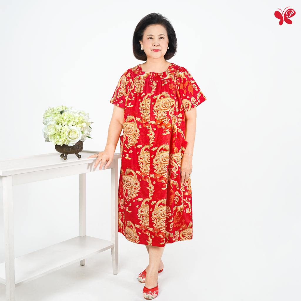 ชุดเดรสผู้สูงอายุ/คุณแม่ให้นม Margareta Dress - LONGMA ลายม้าและมังกร ซิปยาวด้านหน้า (Signora Series/Silver Age Fashion)