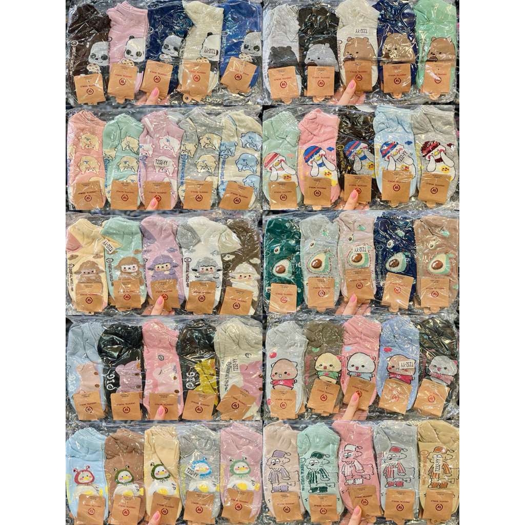 ถุงเท้าผู้หญิงข้อสั้นการ์ตูน ป้าย OW สีน้ำตาล ( ยกแพ็ค 20 คู่ )