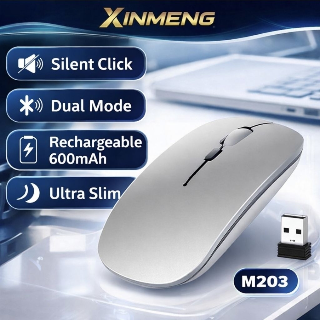Xinmeng M203 Silent Mouse เมาส์ไร้สาย Dual Mode Bluetooth + 2.4G ชาร์จไฟได้ 600mAh Ultra Slim