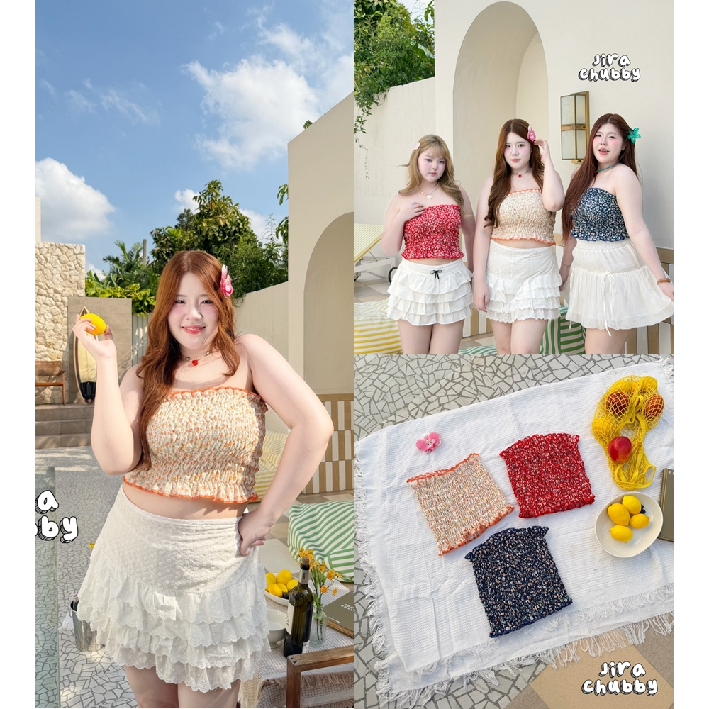 เสื้อเกาะอกลายดอกไม้ อกฟรีไซส์ 36-50 สม็อคทั้งตัว ยืดได้เยอะ สีสันสดใส เหมาะกับ summer มาก พลัสไซส์ ไซส์ใหญ่ JC