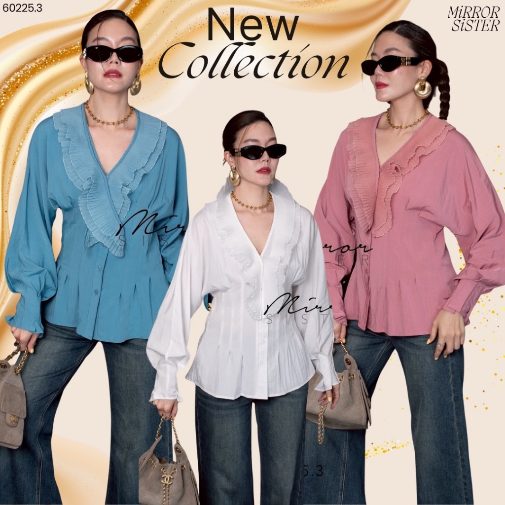 🔖Mirrorsister 60225.3 เสื้อเชิ้ต ปกระบายอัดพลีท จับจีบเข้ารูปช่วงเอวเบาๆ เพื่อให้สวมใส่แล้วดูมีทรวดทรง ไม่โคร่งจนเกินไป