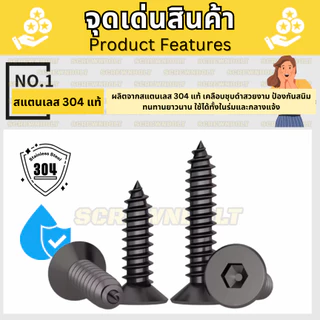 น็อต สกรู หัวจมเตเปอร์ หกเหลี่ยมใน สแตนเลส 304 ชุบดำ เกลียวปล่อย M2 M2.3 M2.6 M3 M3.5 M4