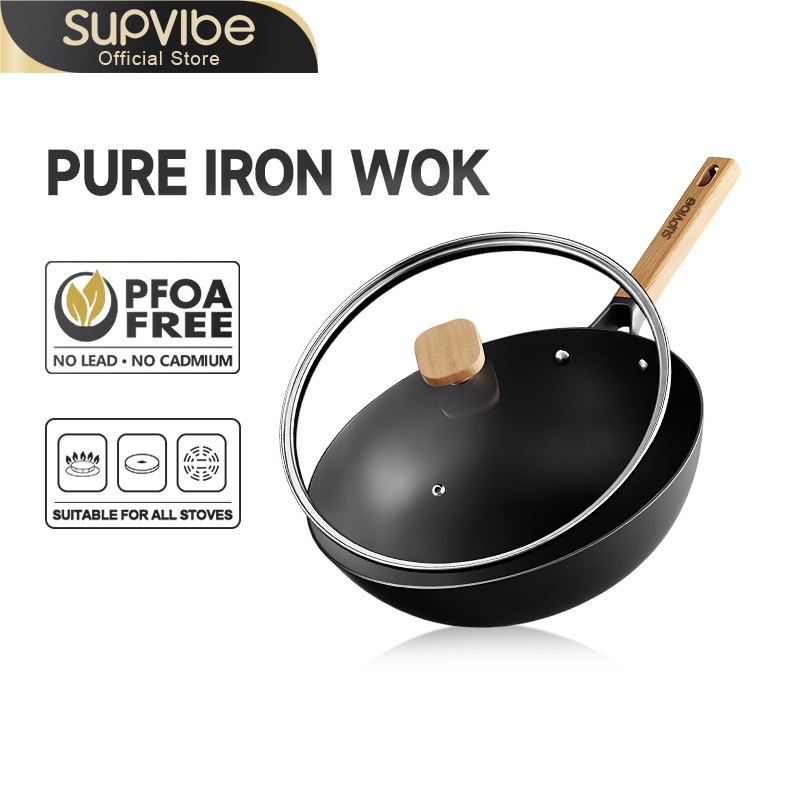 SUPVIBE กระทะเหล็ก กระทะเหล็กเผา กระทะเหล็กหล่อ 30cm ไม่เคลือบผิว พร้อมฝาหม้อ ใช้ได้กับเตาทุกประเภท