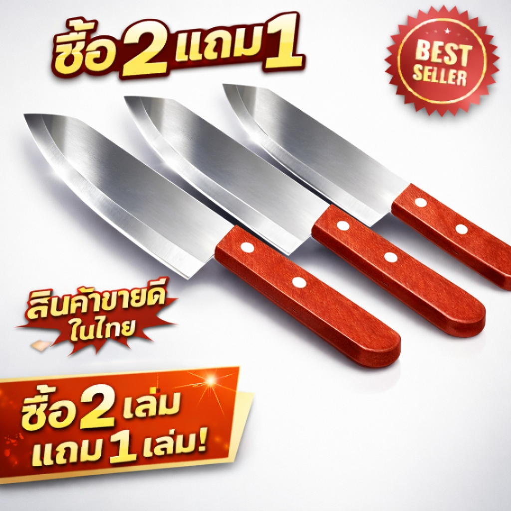 มีดบางปลายเฉียง ซื้อ2แถม1 หั่นผัก แล่หมู หั่นเนื้อ ใบมีดคมกริบ