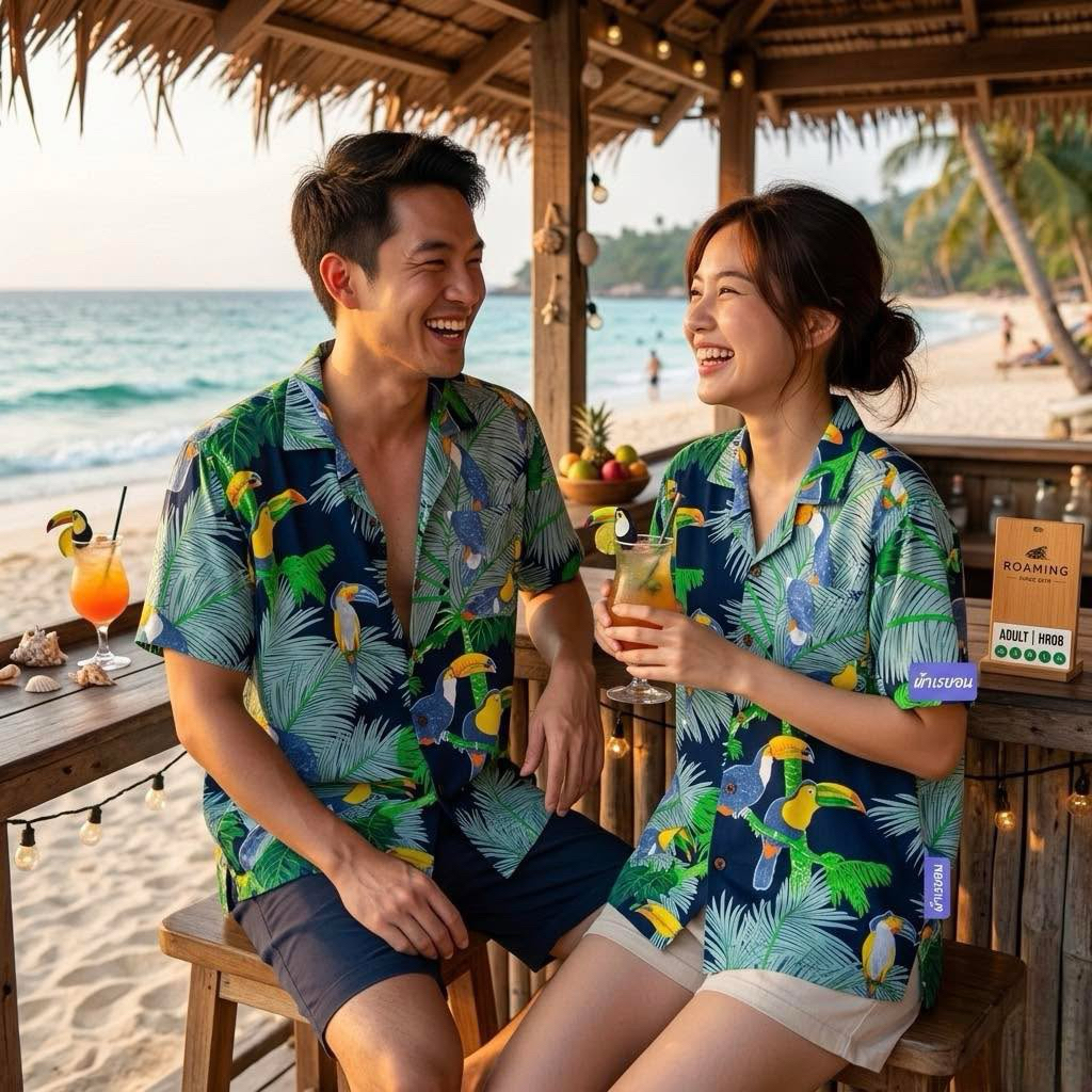 ROAMING HR08 เสื้อฮาวาย ผ้าเรยอนญี่ปุ่น เสื้อครอบครัว Rayon Hawaiian Shirts (นกเงือกเขียว)