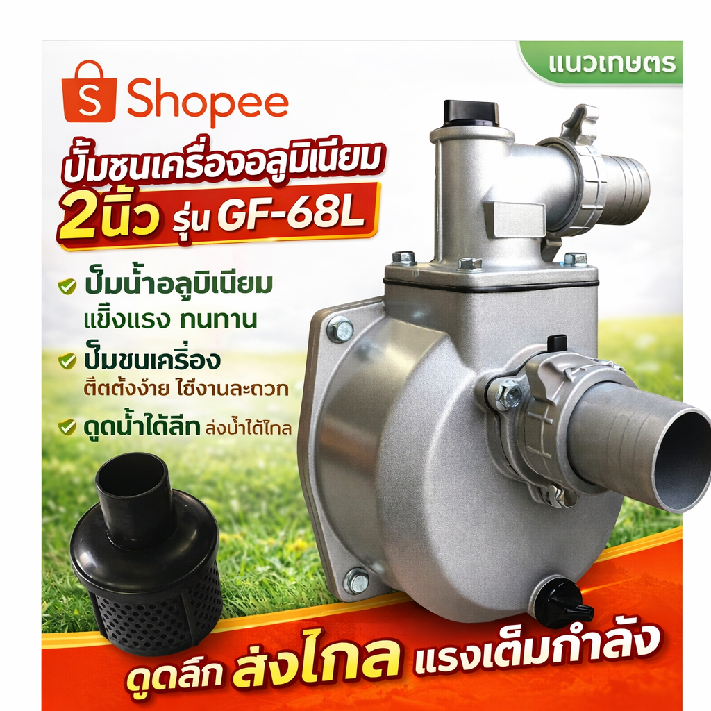 ปั๊มชนเครื่องมิเนียม 2 นิ้ว รุ่น GF-68L ปั๊มน้ำ อลูมิเนียม ปั๊มชนเครื่อง ดูดได้ลึก ส่งน้ำได้ไกล
