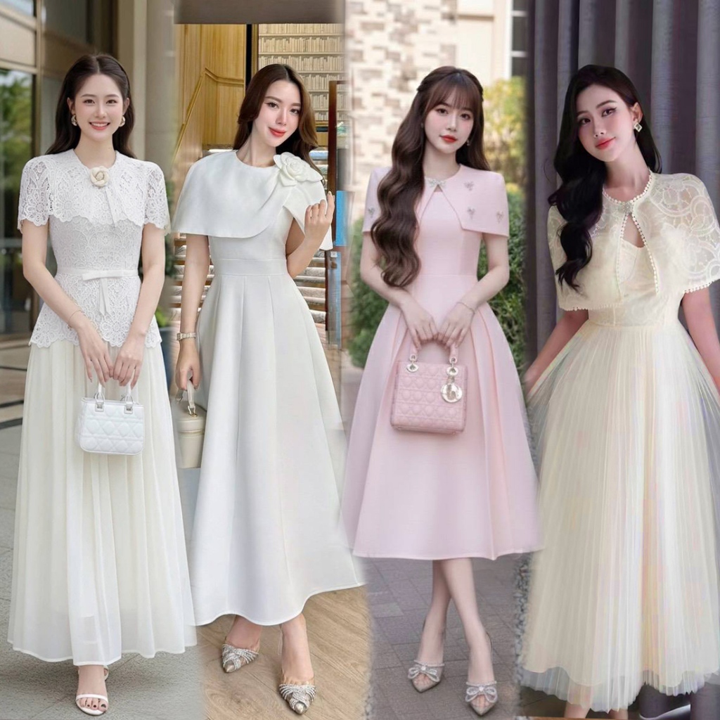 S-XXL✨ชุดเดรสทรงคลุมไหล่ สีครีม/ขาว/ฟ้า/ชมพู/ดำ  #ใส่ออกงาน งานแต่ง,งานบุญ,บวช,ทำงาน #Mila #Stylista