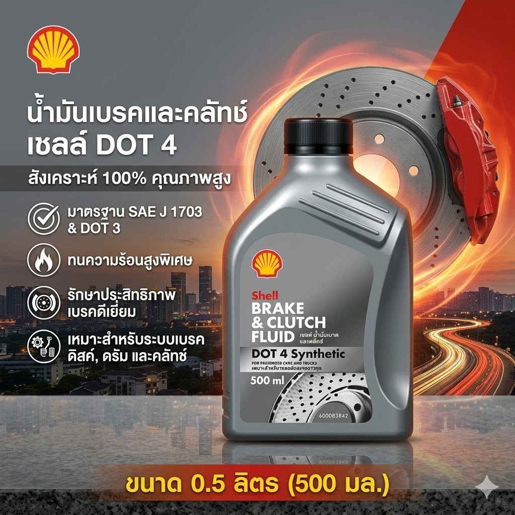 น้ำมันเบรกและคลัทซ์ Shell DOT 4  ขนาด 0.5 ลิตร