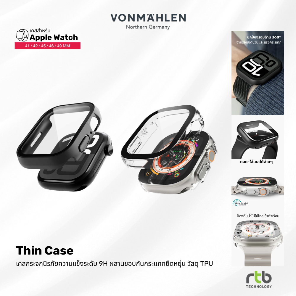 VONMAEHLEN Thin Case เคส สำหรับ Apple Watch SE (40/44mm)/Series 10 (42/46mm)/Series 8/9 (41/45mm)/Ul
