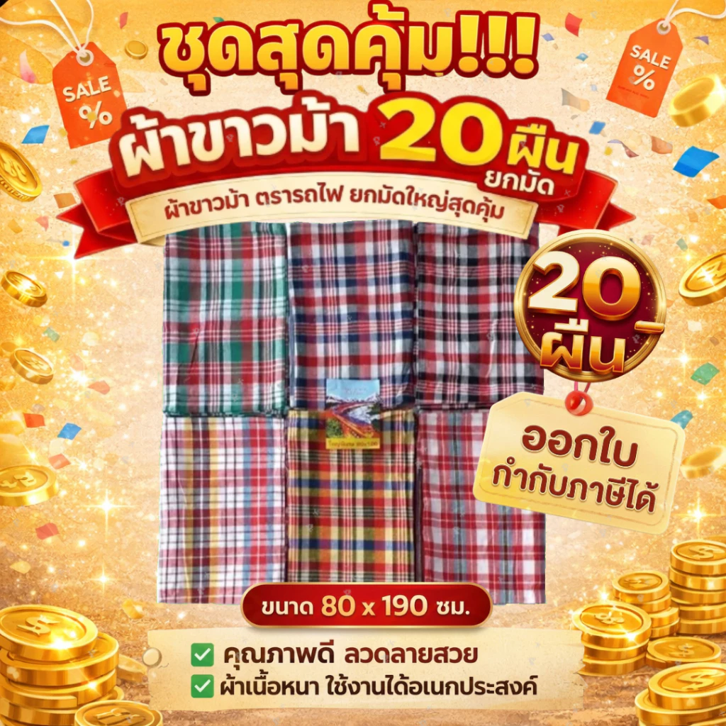 ผ้าขาวม้า ผ้าขาวม้าตรารถไฟ ผ้าขาวม้าเย็บริม ขนาด 80x190cm คละลาย ขายส่งแบบยกกุลี20ผืน