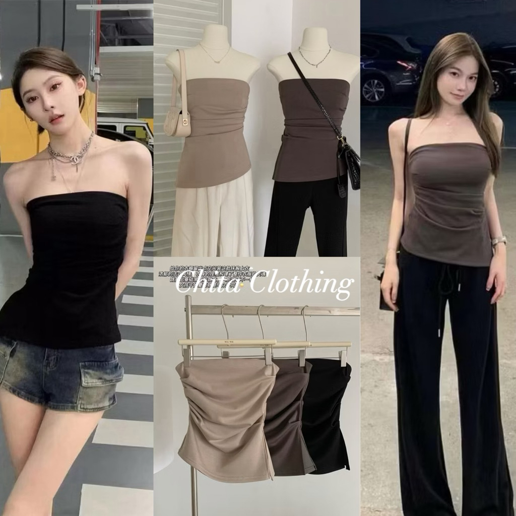 📍พร้อมส่ง📍7684💌เสื้อเกาะอก เนื้อผ้ายืดอย่างดี จับจีบย่นช่วงเอว TAG:WG.WE 🇰🇷