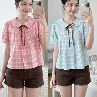 🌟แถมริบบิ้น🌟 เสื้อเชิ้ตคอบัว ทรงแขนพองผ้าคอตตอน/ G2-3/COOK-ร…