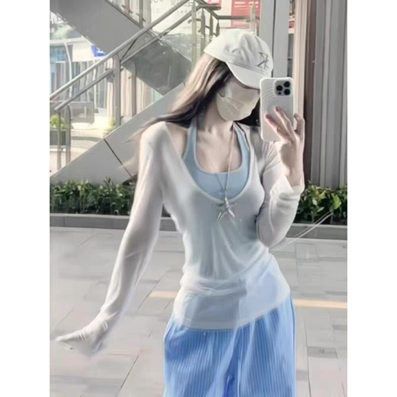 เสื้อสายเดี่ยวแขนยาวคอ halter ป้องกันแสงแดด ดีไซน์น่ารัก แบรนด์ดังสำหรับฤดูร้อน เรียบง่ายและเก๋ไก๋ เหมาะสำหรับใส่ลำลอง