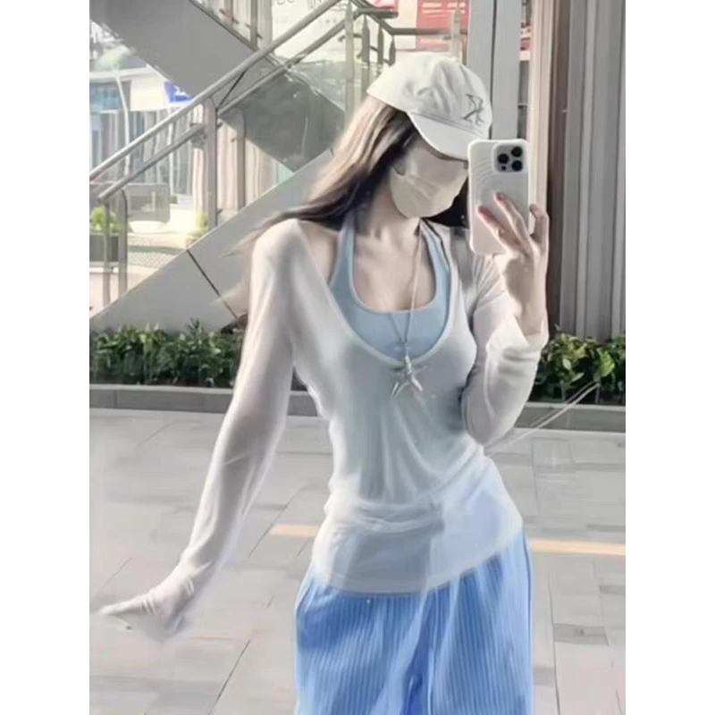 เสื้อสายเดี่ยวแขนยาวคอ halter ป้องกันแสงแดด ดีไซน์น่ารัก แบรนด์ดังสำหรับฤดูร้อน เรียบง่ายและเก๋ไก๋ เหมาะสำหรับใส่ลำลอง