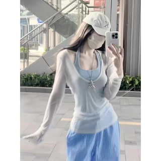 เสื้อสายเดี่ยวแขนยาวคอ halter ป้องกันแสงแดด ดีไซน์น่ารัก แบรนด์ดังสำหรับฤดูร้อน เรียบง่ายและเก๋ไก๋ เหมาะสำหรับใส่ลำลอง
