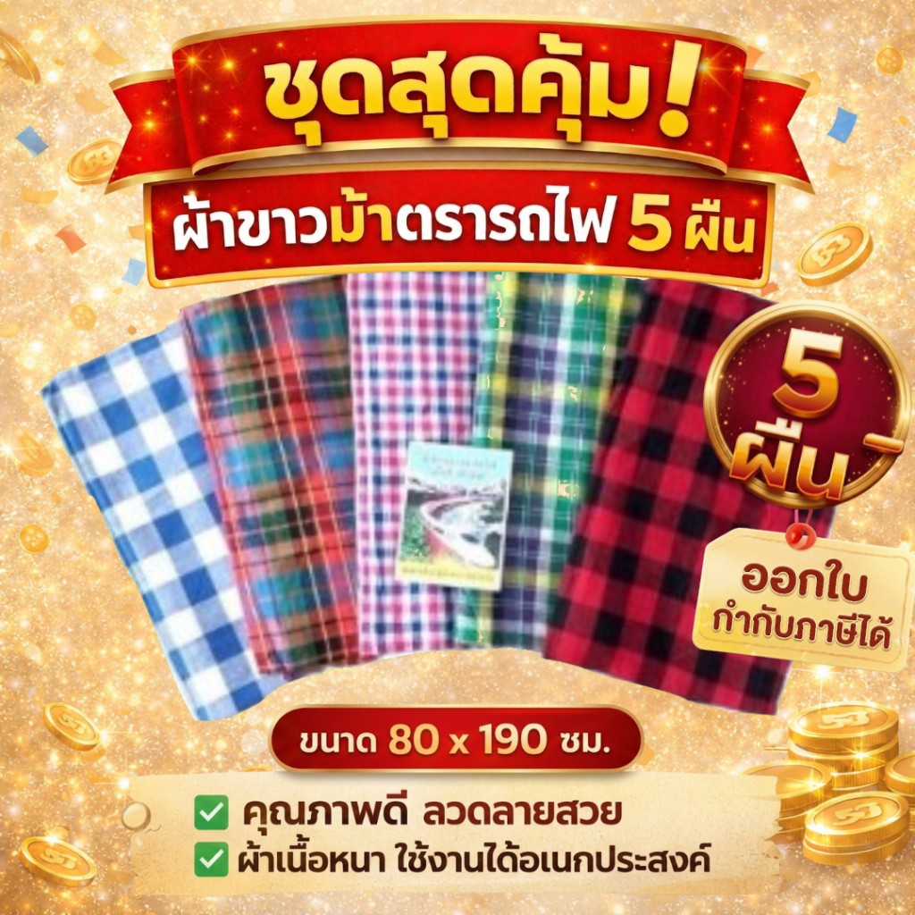 ผ้าขาวม้า ผ้าขาวม้าตรารถไฟ ผ้าขาวม้าเย็บริม ขนาด 80x190cm คละสี คละลาย จำนวน 5 ผืน