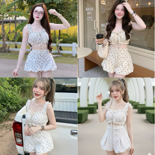 ชุดเซต2 ชิ้นเสื้อแขนตุ๊กตาผูกหน้าลายจุดกางเกงบอลลูนจับจีบ