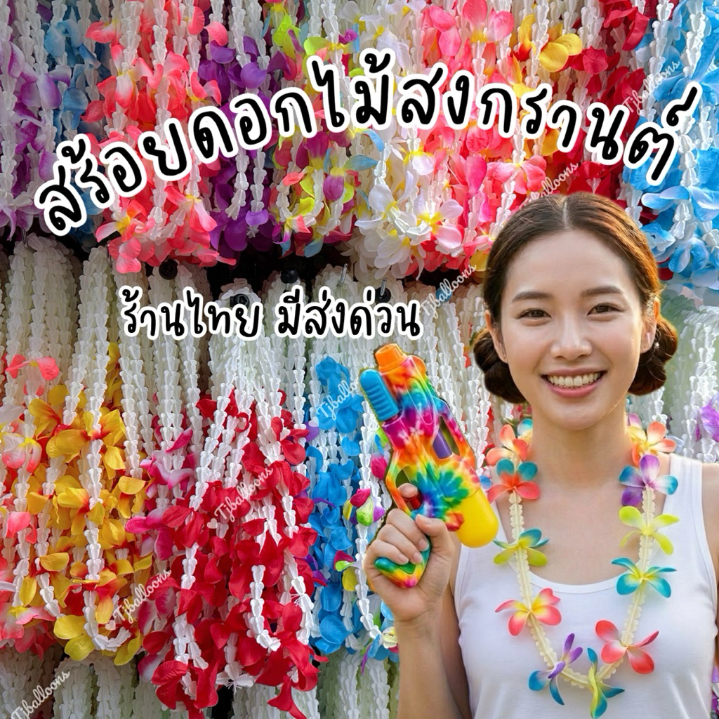 ร้านไทย มีส่งด่วน (งานเกรดดีที่สุด ดอกไม่เหี่ยว) สร้อยดอกไม้ สงกรานต์ 1 เส้น 8 ดอก สีเยอะมากกก