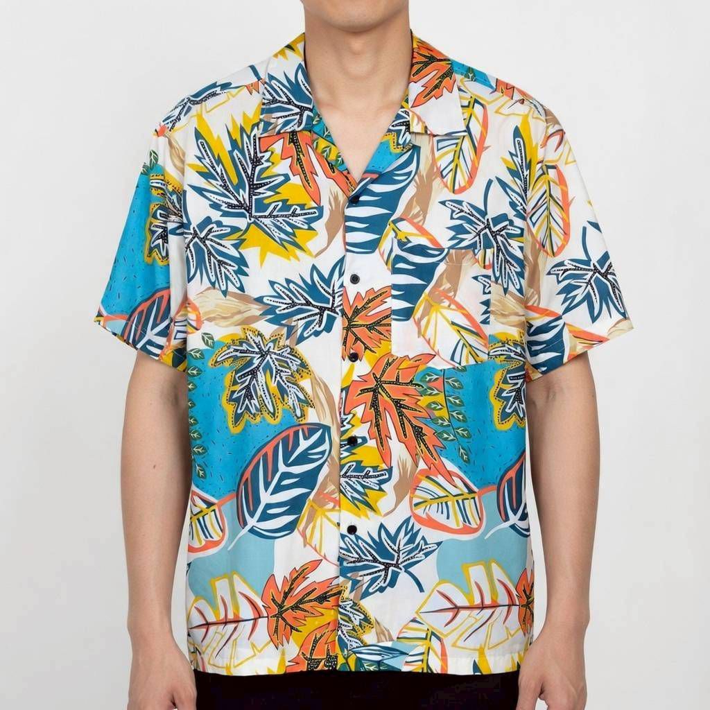 เสื้อเชิ้ตฮาวาย ลายใบไม้สีสัน (พื้นสีขาว) ผ้าไหมอิตาลี