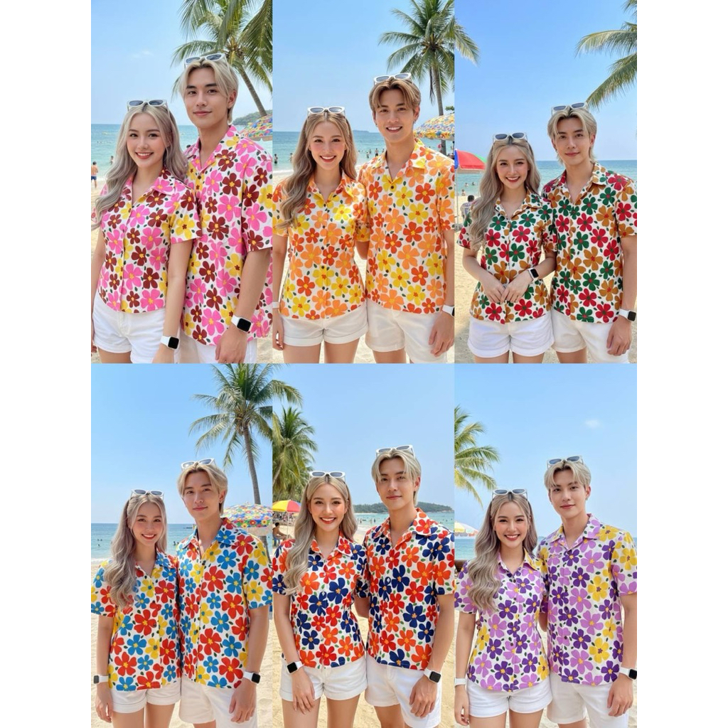 เสื้อพื้นเมืองคู่คอเชิ๊ตชาย/หญิงลายดอกหรรษา