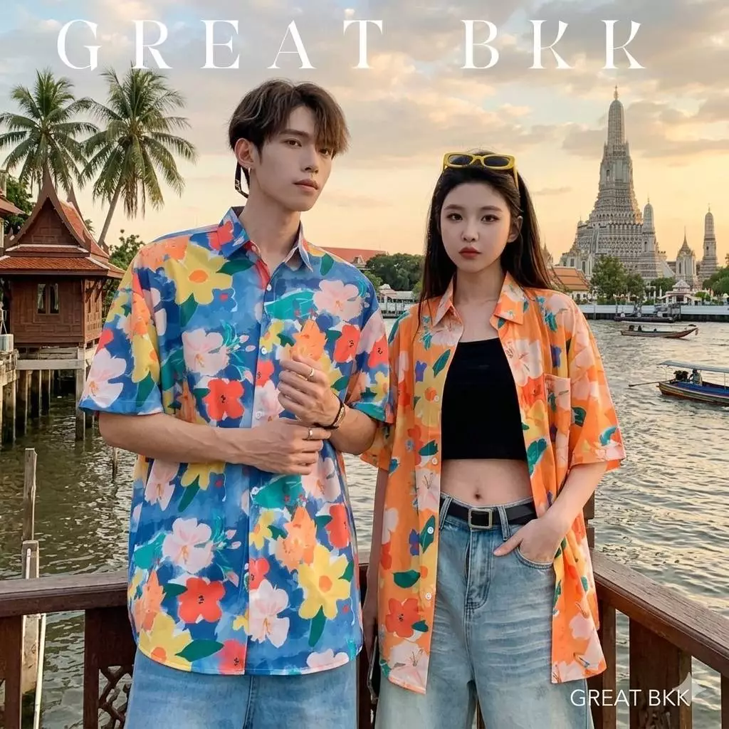 เสื้อฮาวาย เสื้อเชิ้ต ลายดอก แขนสั้น ชาย-หญิง สไตล์เกาหลี thumbnail 4