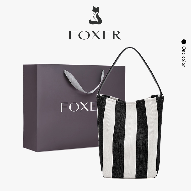 FOXER กระเป๋าถือสตรี กระเป๋าหนังลายทางคลาสสิก กระเป๋าด้านในแบบถอดออกได้ กระเป๋าสตรี