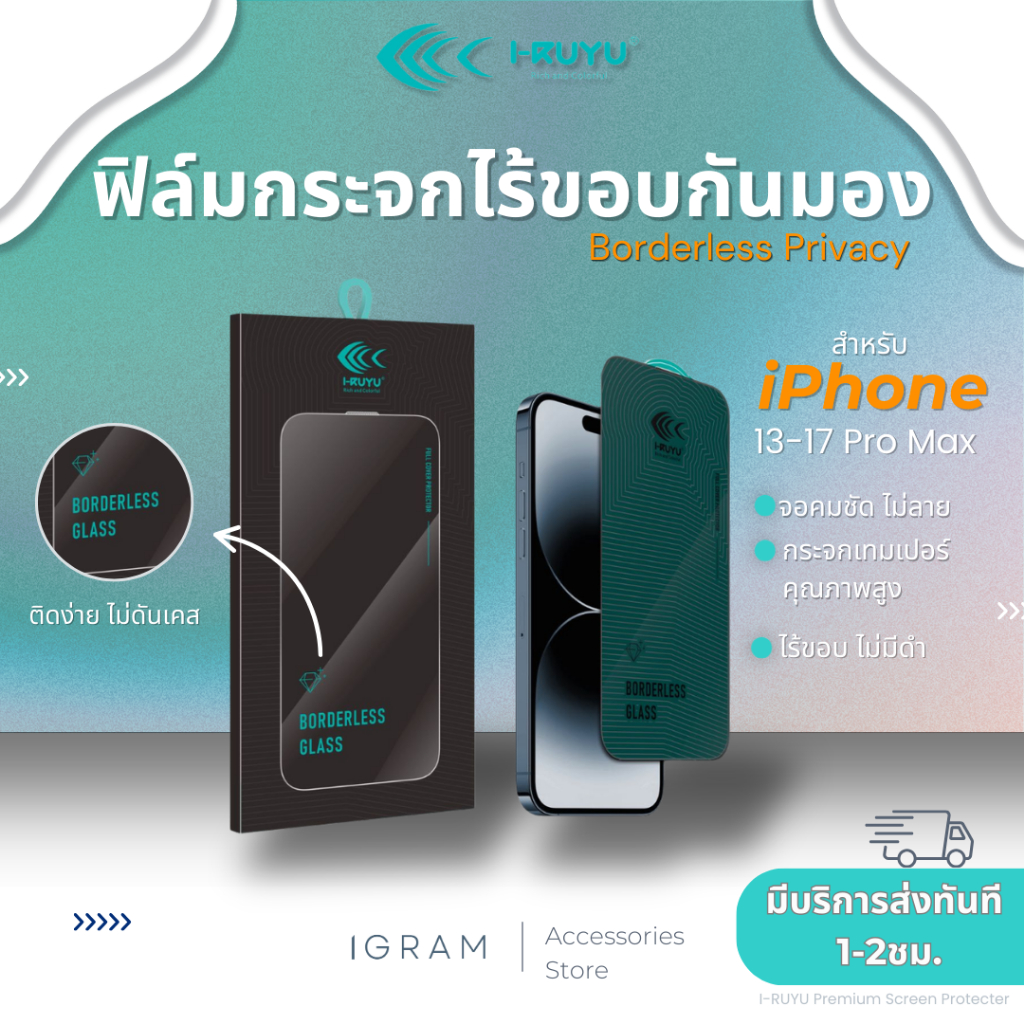 I-RUYU ฟิล์มกระจกไร้ขอบกันมองพรีเมียมเต็มจอ สำหรับiPhone 13-17Pro Max คุณภาพสูง จอชัด ภาพไม่ลาย ไร้ขอบ ไม่มีดำ