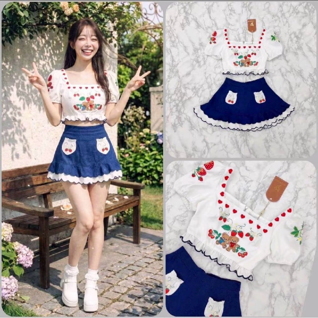 Setเสื้อคอปแขนพองสีขาวปักน้องหมี มาคู่กระโปรงสั้นแต่งระบายชายมีซับในกางเกง ป้าย missagale มือ1