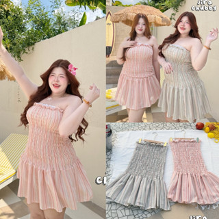 /JR/ เดรสเกาะอก ไซส์อก38-50 สม็อคทั้งตัว ช่วงอกแต่งลูกไม้ ผ้…