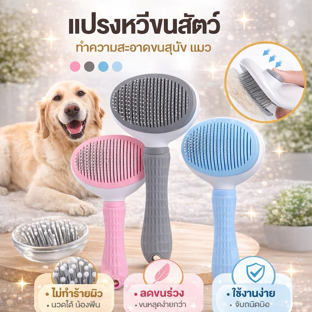 หวีกำจัดขน หวีสุนัข หวีแปรงขนสัตว์ เลี้ยง ที่แปรงชนสุนัข แมว มีปุ่มกดเพื่อดันขนออก ทำความสะอาดง่าย แปรงขนแมว