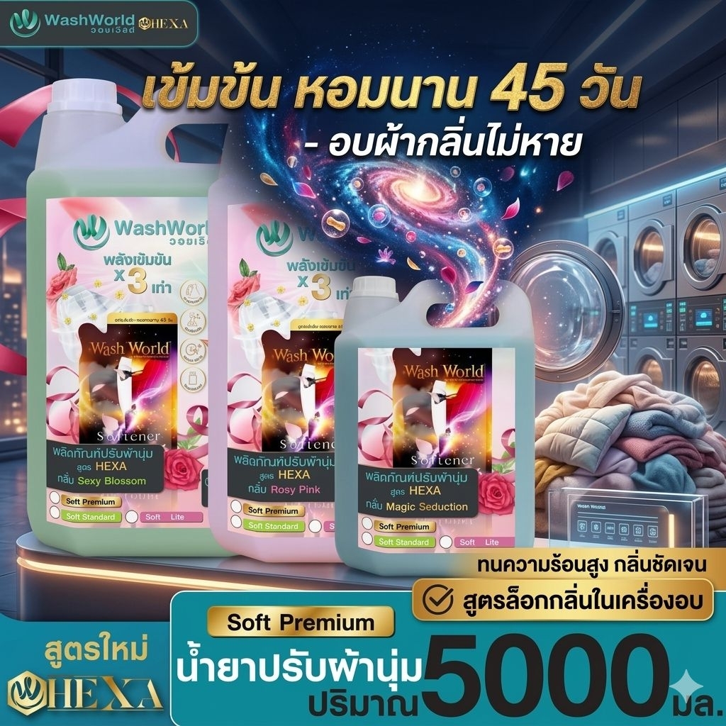 Wash World วอชเวิล์ด สูตรใหม่ "พรีเมี่ยม" (HEXA) น้ำยาปรับผ้านุ่ม x1แกลอน 5,000ml. หอม45​วัน​ อบผ้ากลิ่นไม่หาย