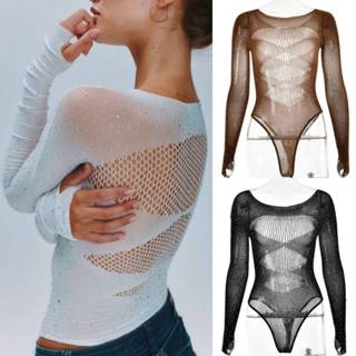 Lamoon【พร้อมส่ง】บอดี้สูทแขนยาวแต่งกลิตเตอร์ซีทรู เข้ารูปกระช…