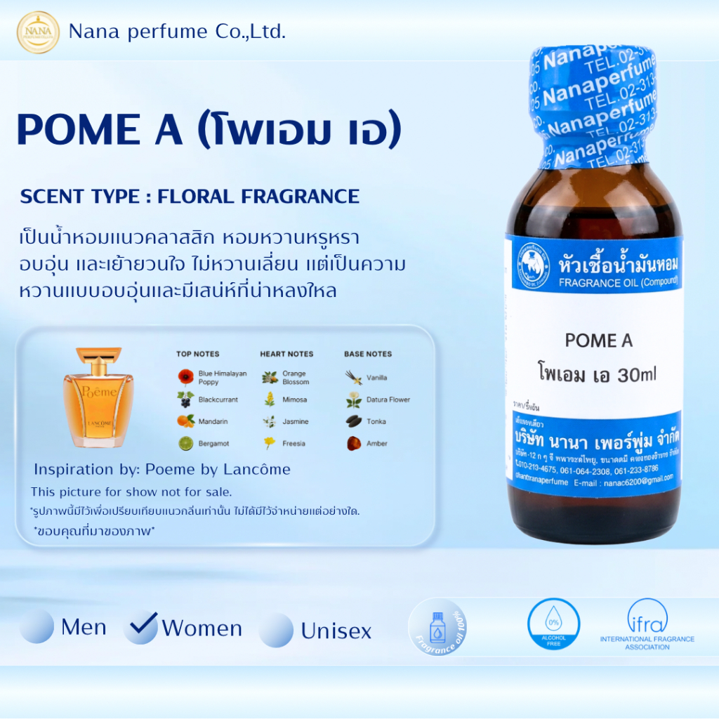 หัวเชื้อน้ำหอม 100% ขนาด 30-100 ml.กลิ่นโพเอ็ม เอ (POME A)