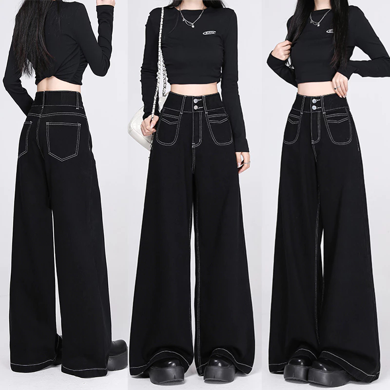 S-7XL กางเกงยีนส์ผู้หญิงเอวสูงสีดำทรงตรง ใส่สบายแบบลำลอง มีทุกไซส์