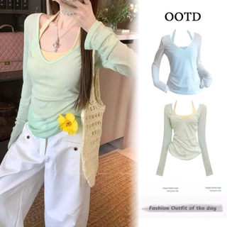 เสื้อยืดแขนยาวกันแดดสไตล์เกาหลีแบบสีตัดกันอ่อนๆ สำหรับผู้หญิง ชุดสองชิ้นสำหรับฤดูร้อน