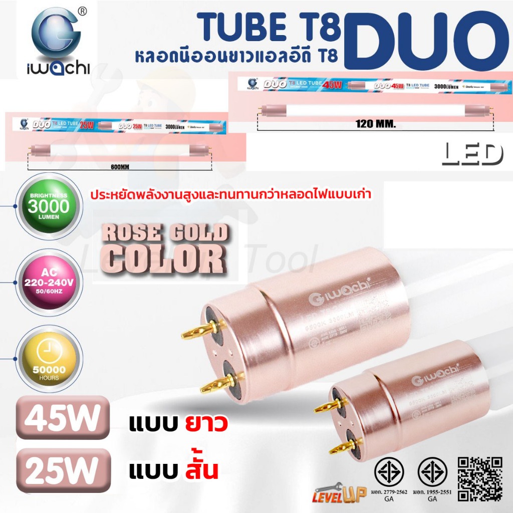 IWACHI หลอดไฟนีออนยาว LED T8 25W 45W แบบยาว แบบสั้น หลอดแอลอีดี  หลอดประหยัดไฟ (ไฟเข้าสองข้าง) แอลอีดี Double-Ended
