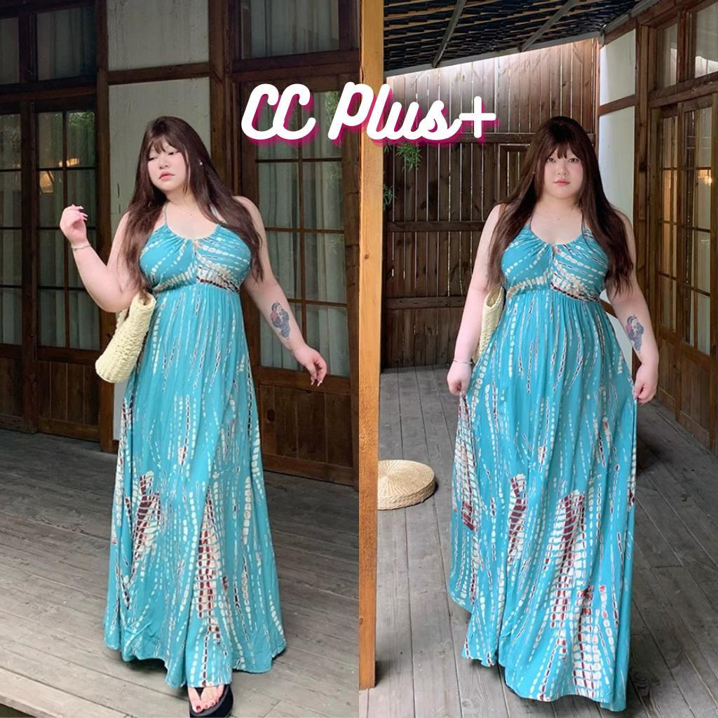 CiCi Plus+(3376) เดรสยาวคอวีมีสายคล้องคอ สม็อคหลัง ผ้าพิมพ์ แนววินเทจโบฮีเมี่ยน สไตล์สาวพลัสไซส์