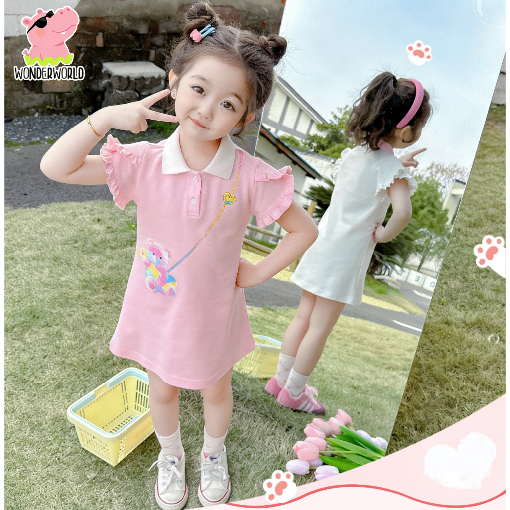 ชุดกระโปรงเด็กหญิง ชุดเดรสลูกสาว ระบายอากาศดี หวานๆเด็กหญิง  คอโปโล ลายหมี